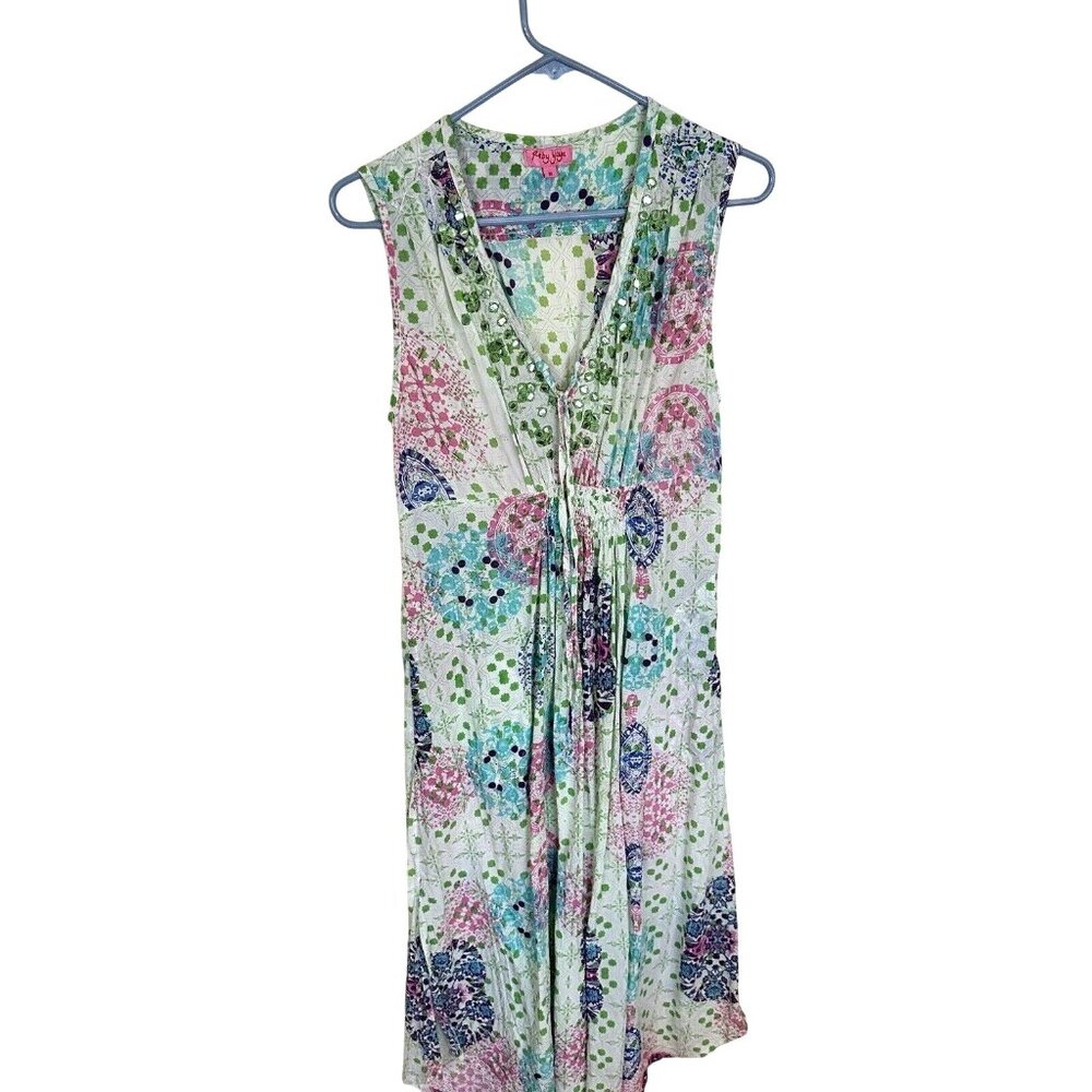 Ruby YaYa Womens Midi Dress Cotton Boho Green Purple Beaded Slip Sleeveless Med